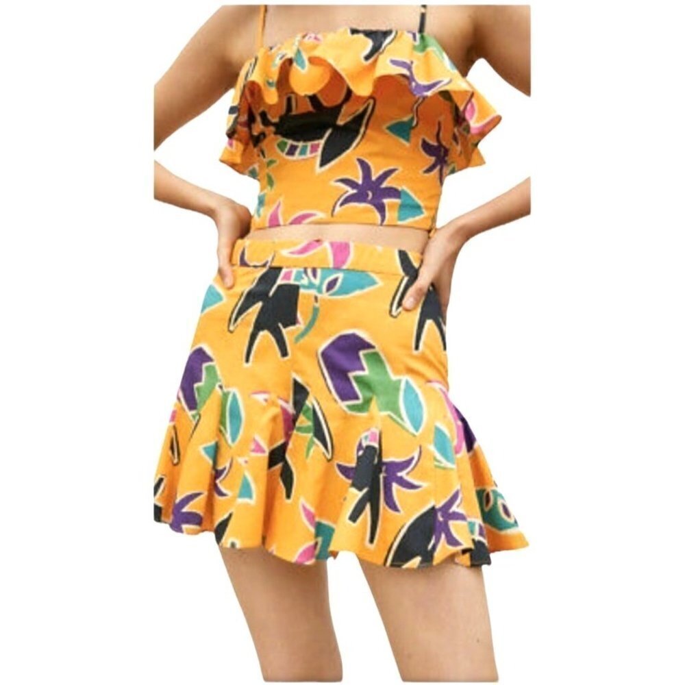 Zara Yellow Floral Print Adjustable Strap Ruffled Bust Cropped Top Tropical M